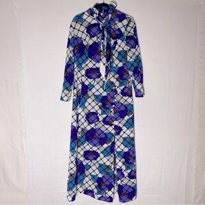 Vintage 70’s Handmade White Purple Blue Long Sleeve Maxi Dress L
